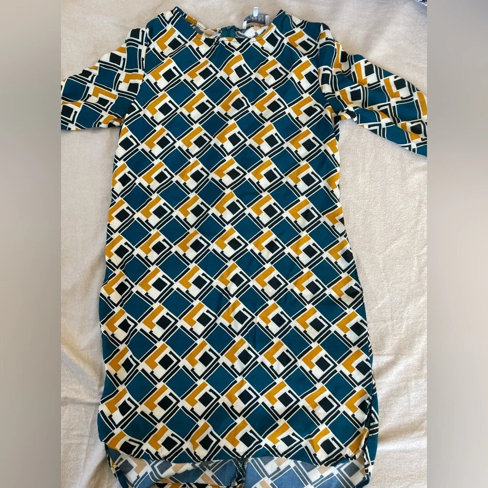 WAYF Long Sleeve Midi Tunic Dress Unlined Gold Turquoise Geometric Pattern - Picture 2 of 7